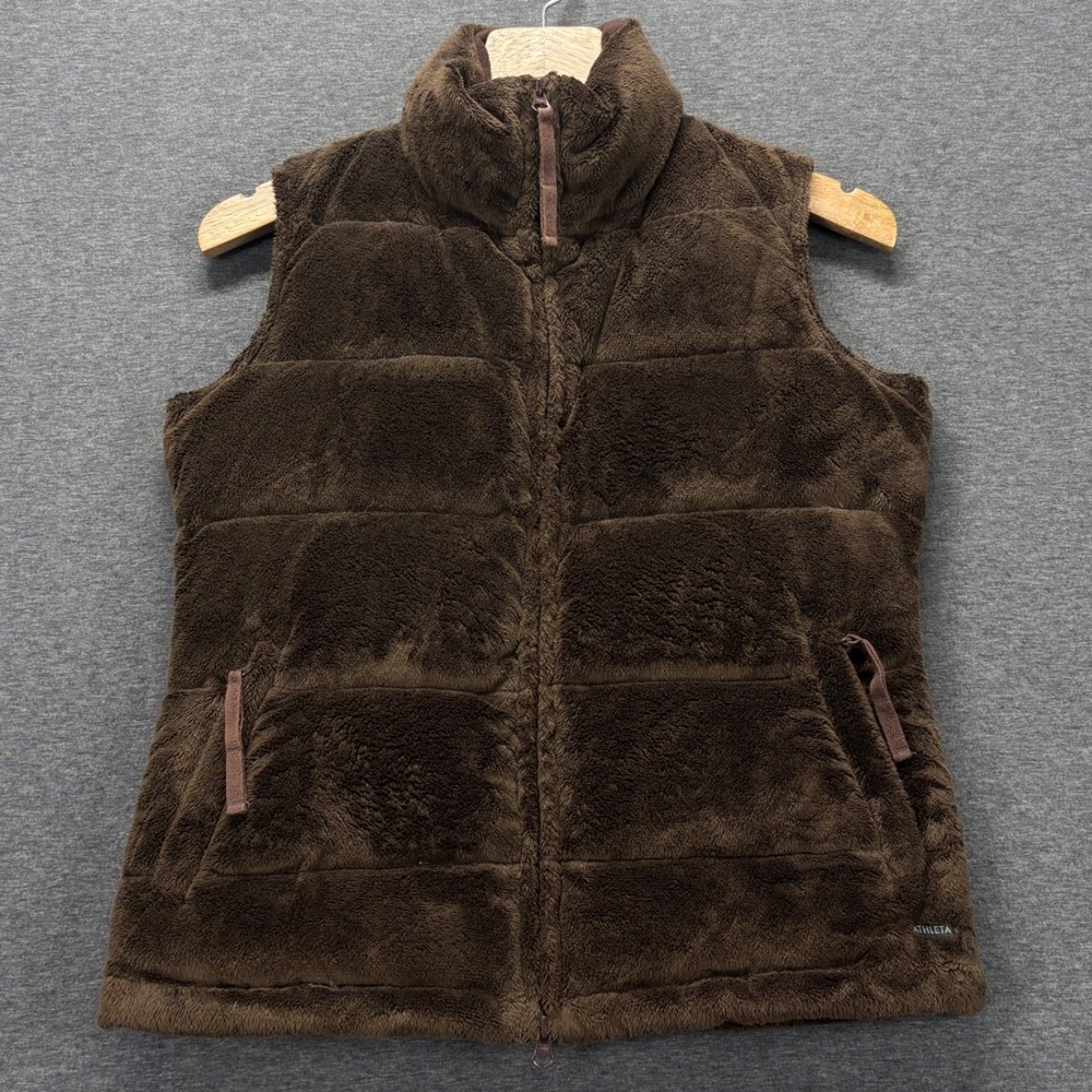 Athleta Vest Womens S Brown Plush Faux Fur Down Filled Puffer Warm Zip gorpcore